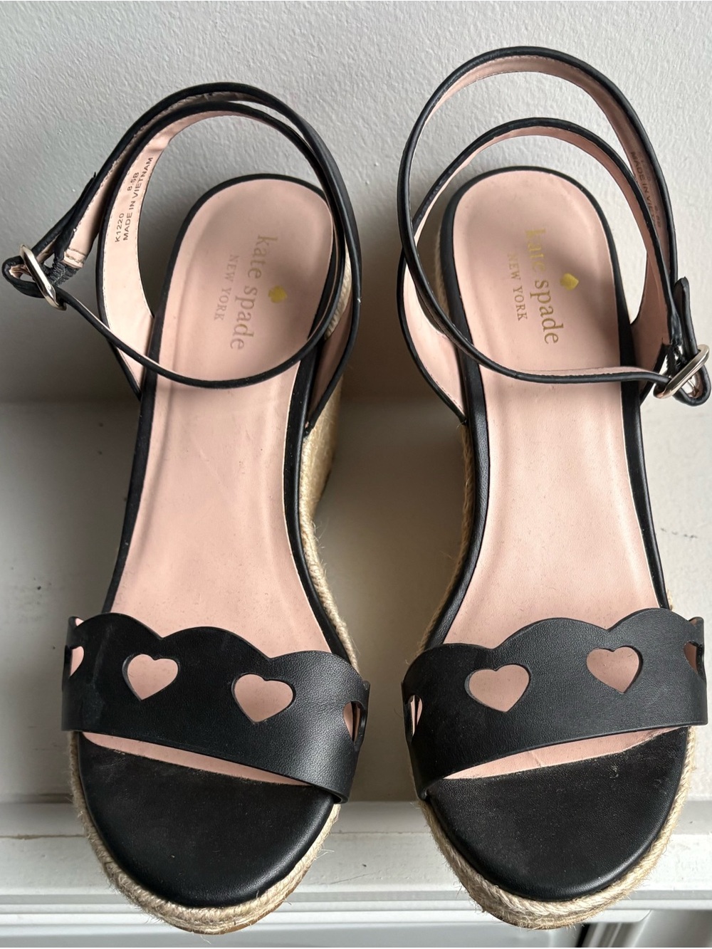 kate spade Black and Pink Heart Cutout Espadrille Wedge Sandals